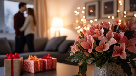 Romantic Evening with Young Caucasian Couple Embracing in Cozy Living Room Concept of Valentine's...
