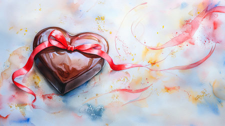 Soft Watercolor Painting of a Heart-Shaped Chocolate Tied with a Red Ribbon. Concept of Romantic Gifts, Sweetness, Art of Loving Gestures, and Festive Celebrations.. Copy space.の写真素材