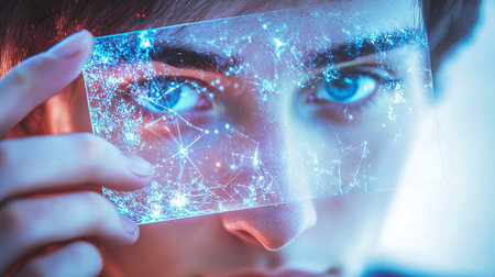 Young Caucasian Man Exploring Holographic Display with Quantum Science Visuals. Concept of...