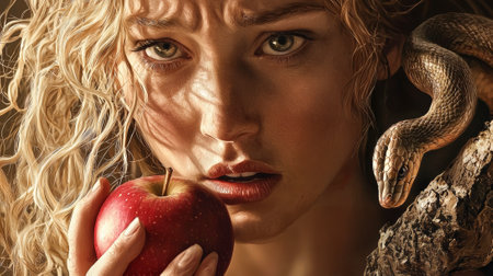 Woman Eve with Apple and Snake Symbolizing Temptation and Biblical Themes. Concept of Temptation, Forbidden Fruit, and Symbolism in Art.の写真素材
