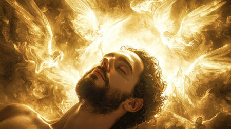 Peaceful Man in Biblical Scene with Angels and Heavenly Glow Art Concept of Spiritual Serenity,...