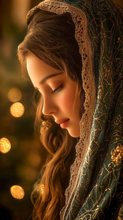 Mary with a serene expression, adorned with a richly embroidered green and gold veil, illuminated by soft, glowing light. Concept of grace, faith, humility, and divine devotion in biblical stories. Vertical.のeditorial素材