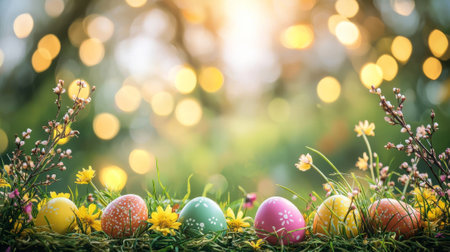 Colorful Easter Eggs on Grass with Spring Flowers and Bokeh Lights. Concept of Easter Celebration, Spring Festivity, Holiday Decoration.. Copy space.の写真素材