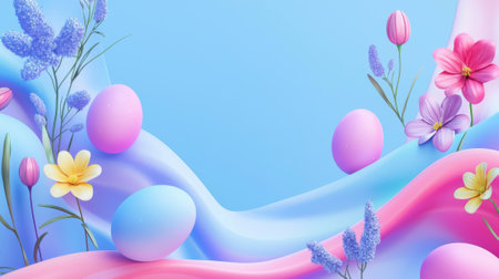 Pastel Easter Egg and Flower Art with Spring Blooms and Flowing Colors Concept of Easter Celebration, Seasonal Decoration, Floral Elegance Copy Space. Copy space.の写真素材