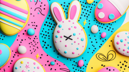 Colorful Pop Art Easter Illustration with Bunny and Decorated Eggs. Concept of Festive Celebration,...