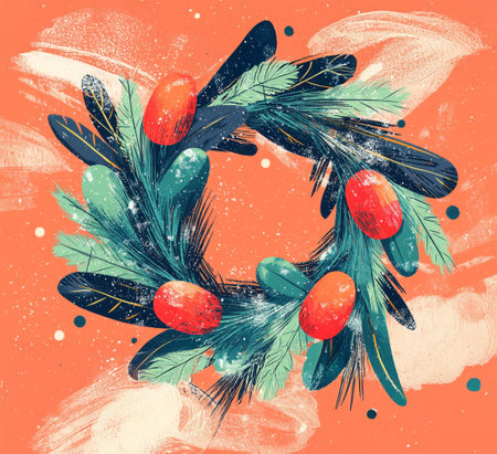 Colorful Easter Wreath Pop Art Illustration with Bold Leaves and Eggs Concept of Spring Festivities and Artistic Celebration.の写真素材