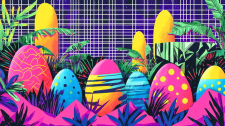 Pop Art Illustration of Vibrant Easter Scene with Colorful Decorated Eggs in Tropical Jungle....