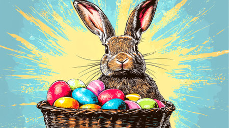Pop Art Illustration of Easter Bunny Holding a Basket of Colorful Eggs Concept of Easter Celebration...