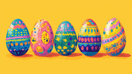 Vibrant Pop Art Illustration of Patterned Easter Eggs on Bright Yellow Background. Concept of Easter...