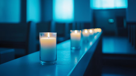 Lit Candles in Modern Church Setting Reflecting Serenity and Spiritual Reflection Concept of...