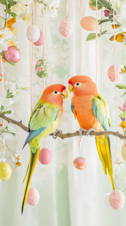 Colorful Parrots Perched on a Decorative Branch with Hanging Easter Eggs Art. Concept of Spring...