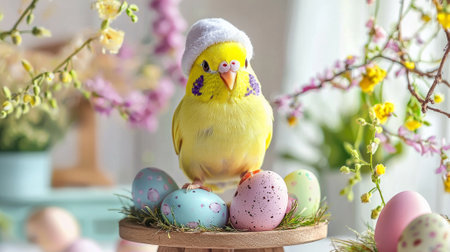 Bright Yellow Budgie Parrot with a Hat Surrounded by Easter Eggs and Blossoms Concept of Festive...