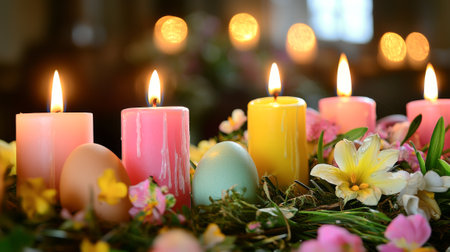 Close up of Colorful Easter Candles and Eggs on Altar with Flowers Concept of Celebrating Spring New...