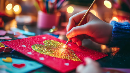 Child's Hands Decorating Valentine's Day Card with Glitter Heart. Concept of Creative Art, Childhood Crafting, Love Celebration.の写真素材