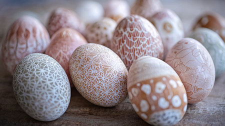 Intricately Patterned Eggs in Soft Pastel Tones on Wooden Surface Art. Concept of Easter Decoration,...