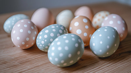 Collection of Intricately Patterned Pastel-Colored Eggs on Wooden Surface. Concept of Easter Tradition, Artistic Decor, Spring Celebrations.の写真素材