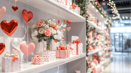 Contemporary retail space decorated for Valentine's Day with hearts, flowers, and gift boxes. Concept of love, holiday shopping, festive decorations for romantic occasions.の写真素材