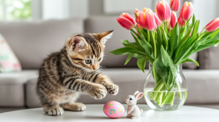 Cute Kitten Playing with Pastel Easter Egg and Decorative Bunny Next to Vase of Tulips. Concept of Playfulness, Spring Decor, Feline Curiosity.の写真素材