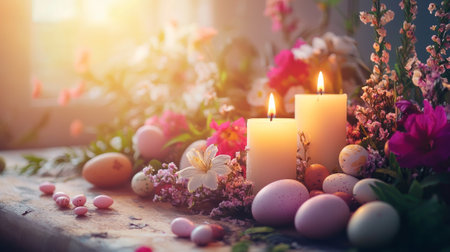 Decorated Easter Altar with Glowing Candles and Vibrant Spring Flowers. Concept of Easter Celebration, Spring Festival, Religious Tradition.の写真素材