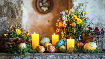 Glowing Easter Altar with Vibrant Flowers and Painted Eggs Candlelight Decor Concept of Spring...