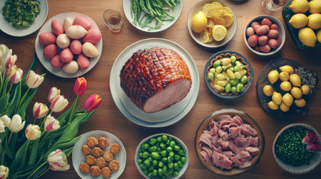Festive Easter Table with Glazed Ham Centerpiece and Vibrant Spring Vegetables Concept of Holiday Celebration Family Gathering Festivity.の写真素材
