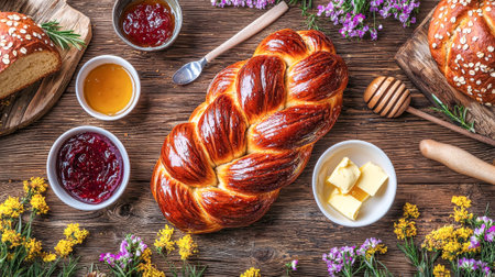 Traditional Braided Bread on Rustic Table with Honey and Jam Surrounded by Flowers Concept of Homemade Baking Heritage Cuisine Natural Ingredients.の写真素材