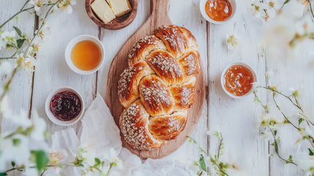 Traditional Braided Easter Bread with Honey and Jam on a Rustic Wood Table. Concept of Festive Season, Homemade Baking, Cultural Celebration.の写真素材