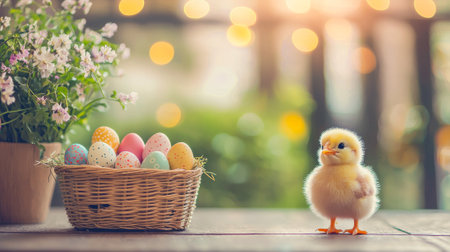Adorable Fluffy Chick Beside a Mini Easter Basket with Colorful Eggs Concept of Springtime Joy,...