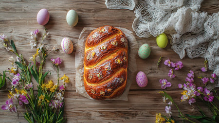 Freshly Baked Easter Sweet Bread with Golden Crust Surrounded by Colorful Eggs and Spring Flowers....