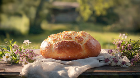 Golden Easter Sweet Bread on Rustic Table with Spring Flowers and Lush Greenery Concept of Festive...