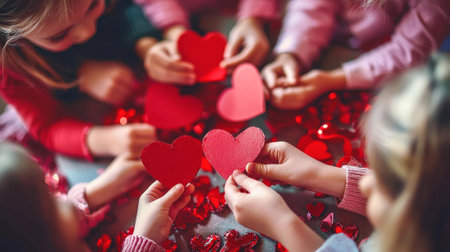 Children Exchanging Handmade Valentines Concept of Friendship Art and Creativity Valentine's Day Celebrations.の写真素材