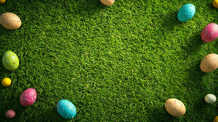 Colorful Easter eggs scattered on lush green grass. Concept of Easter celebration, spring...