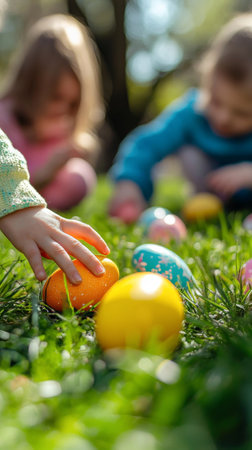 Children Rolling Colorful Easter Eggs on Lush Green Grass in a Sunny Park. Concept of Easter...