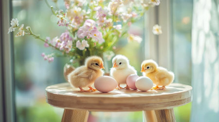 Adorable Fluffy Chicks Exploring Colorful Easter Eggs on Wooden Table. Concept of Springtime, Fresh Beginnings, Easter Celebration.の写真素材