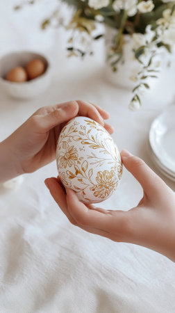 Delicate Hand-Painted Egg in Hands Symbolizing Easter Traditions and Artistic Craftsmanship at a Cozy Home. Vertical.の写真素材