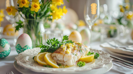 Elegant Easter Table Setting with Floral Arrangement and Lemon Garnished Fish Dish. Concept of...