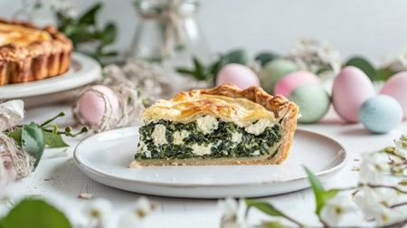 Slice of Spinach Quiche on a Light Easter Table with Pastel Eggs and Blossoms Concept of Spring Celebration, Festive Brunch, Seasonal Cuisine.の写真素材