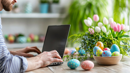 A man with a laptop, surrounded by colorful Easter eggs and spring flowers, browsing online for Easter gifts. Concept of holiday preparation, online shopping, spring celebrations, and festive decor.の写真素材
