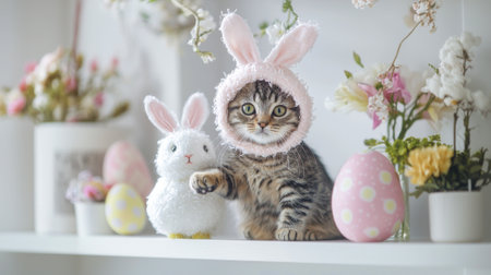 Tabby Cat in Bunny Headband with Plush and Easter Decor. Concept of Easter Festivities, Cute Pets,...