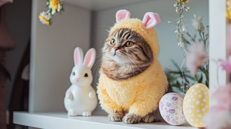 Mischievous Tabby Cat in a Pastel Chick Bunny Costume with Easter Decor. Concept of Festive Fun,...