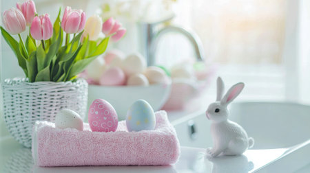 Modern Bathroom Decor with Pastel Easter Accents Featuring Tulips, Colored Eggs, and Rabbit...