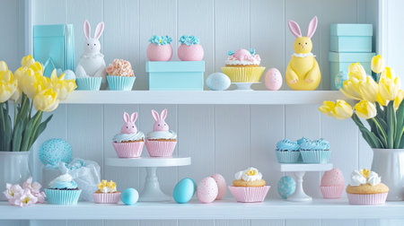 Beautifully arranged easter-themed shelf in modern shop with pastel decorations and cupcakes.