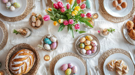 Beautifully arranged easter table with colorful eggs and spring tulips - concept of festive...