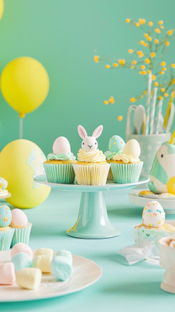 Vibrant easter table with decorative sweets and cupcakes on a bright pastel background. Vertical.