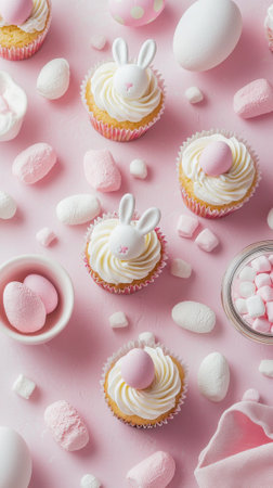Delightful easter dessert table with bunny-themed cupcakes and marshmallow treats. Vertical.の写真素材