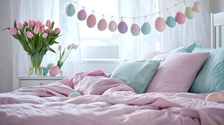 Cozy Bedroom Decorated for Easter with Pastel Bedding, Hanging Egg Ornaments, and a Vase of Pink...
