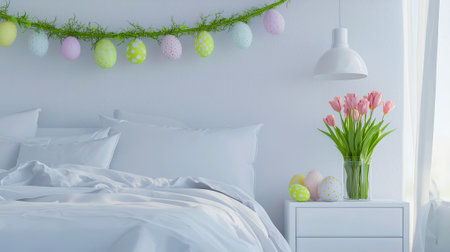 Cozy bright bedroom with soft pastel bedding and easter decorations, featuring fresh tulips on a...
