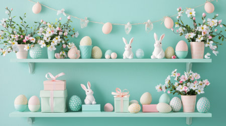 Bright and organized easter display with decorative items and floral arrangements. concept of...