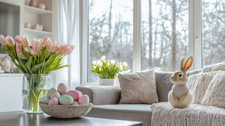 Bright and spacious modern living room with decorated easter eggs and rabbit figurine.