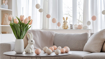 Bright and spacious modern living room with pastel easter decor, tulips, eggs, and bunny accents for...
